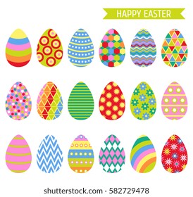 Easter eggs set with bright colorful ornaments, collection isolated on white background.