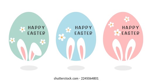 Easter eggs set with bunny rabbit ears and hand written fonts on white background vector illustration.