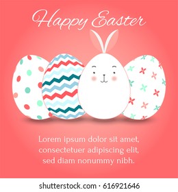 Easter eggs set collection and bunny on pink background, vector illustration.