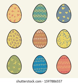 Easter eggs set, collection isolated on white background. Eggs with pattern in bed colors for design.