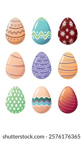 Easter Eggs Set. Collection of Traditional Painted Easter Eggs for traditional hunting. Traditional festive Easter elements Vector Illustration.