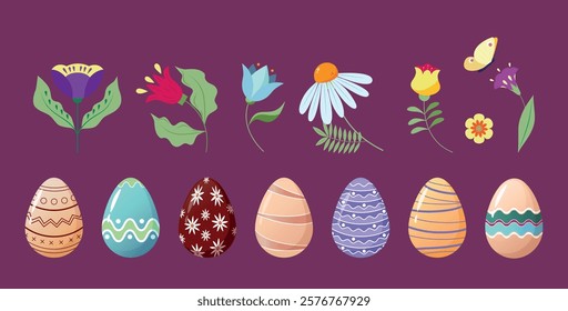 Easter Eggs Set. Collection of Traditional Painted Easter Eggs for traditional hunting and Vector Spring Flowers. Traditional festive Easter elements. Vector illustration