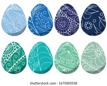 Easter eggs set, colored eggs with white ornament outline, vector