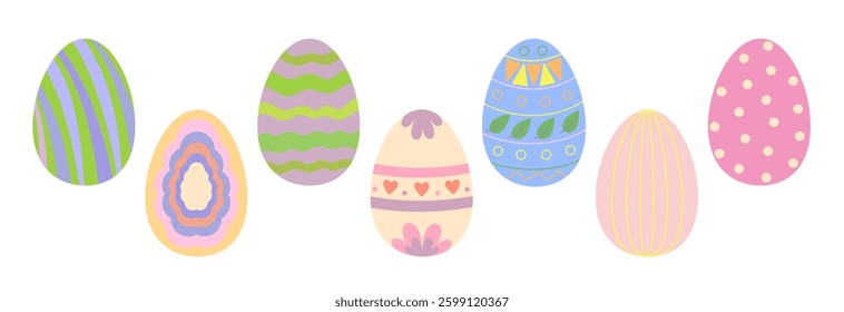 Easter eggs set colorful decorated in festive tones holiday symbol, flat style hand drawn vector illustration for spring celebration time decor, greeting cards, invitations, banners, web design