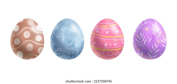 Easter Eggs. Set of colorful egg hand drawing illustrations in watercolor style. Decorative elements vector