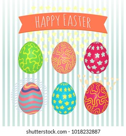 Easter eggs set. Colorful holiday patterns. Realistic Easter eggs. 3D. Vector background. Spring holiday ornament.Decorative collection on artistic background. Vintage vector design illustration