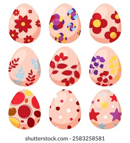 Easter eggs set, Colorful Easter eggs with ornamental decoration pattern isolated on white background.  Vector illustration. Ostern egg icons with decoration patterns symbols collection