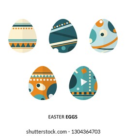 Easter eggs set with cute design. decorative with colorful lines and shapes on white isolated background. Vector Illustration.