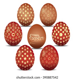 Easter eggs. Set of cute Easter eggs with gold ornaments. Illustration of seven easter eggs on a white background. Happy easter. Vector illustration