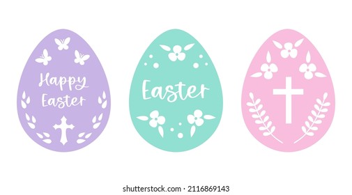 Huevos de Pascua decorados con flores, plantas, cruces y mariposas. Ornamentos de huevos de Pascua. Tema religioso. Ilustración vectorial en colores pastel. 