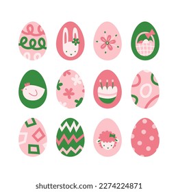 Easter eggs set with decoration and ornament. Springtime holiday symbols bright colorful collection in pink green. Bunny, eggs, lamb, chicken, hunt basket, flowers vector abstract graphic modern flat.