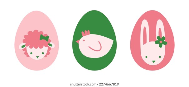 Easter eggs set with decoration and ornament. Springtime holiday symbols collection. Bunny, eggs, lamb, chicken, hunt basket, flowers modern minimalistic illustration.