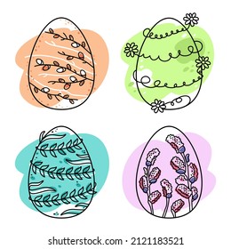 Easter eggs. A set of decorative Easter eggs decorated with leaves, flowers and willow branches. 