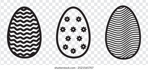 Easter eggs set with different patterns isolated on white background. Coloring page for children's book, antistress painting. Wave, hearts and stripes, dots and triangle ornaments.