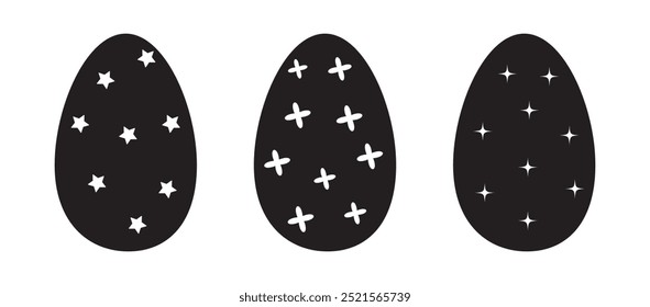 Easter eggs set with different patterns isolated on white background. Coloring page for children's book, antistress painting. Wave, hearts and stripes, dots and triangle ornaments.