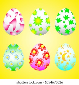 Easter eggs set with different texture isolated on yellow background. 