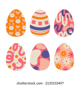 Easter eggs set with different textures, patterns and colors. Spring holiday. Vector illustration isolated on white background.