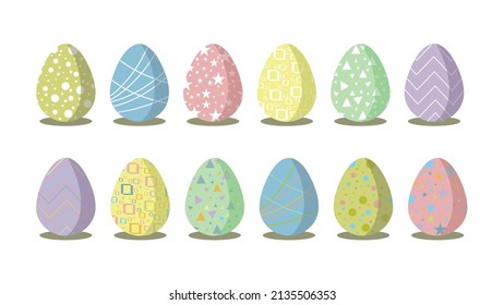 Easter eggs set with different textures, patterns and colors. Spring holiday. Vector illustration isolated on white background.