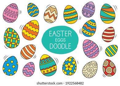 Easter eggs set doodle and color style. Happy easter colorful flat design isolated on white background.