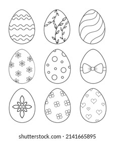 Easter eggs set doodle style. Easter eggs icons. Easter day festival. Coloring book page