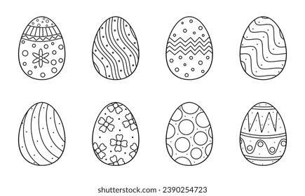 Easter eggs set doodle style. Hand drawn easter egg collection isolated on white background. Happy easter. Line drawing of decorated eggs. Outline drawing, vector illustration