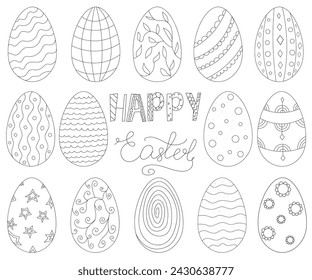Ostereier setzen Doodle-Stil. Happy Easter Hand gezeichnet isoliert auf weißem Hintergrund.