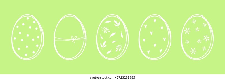 Huevos de Pascua, un conjunto de iconos festivos, dibujo de contorno blanco a mano, Ilustración vectorial. Gráfico decorativo, elemento simple, símbolo de Pascua para el diseño, Anuncio, saludos sobre un fondo verde