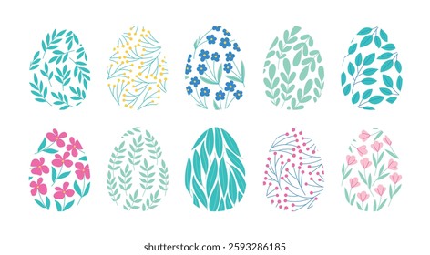 Easter eggs set with floral patterns. Vector illustrations collection isolated on white background. Bright spring holiday eggs design