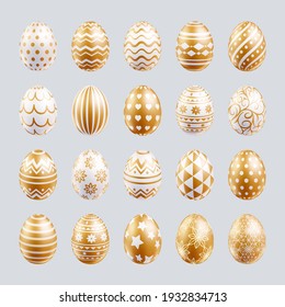 Easter eggs set gold color with different and patterns texture. Vector illustrations.