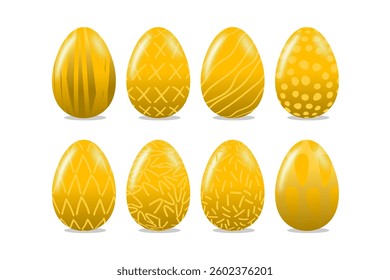 Easter eggs set gold color with different and patterns texture. Vector illustrations Eps