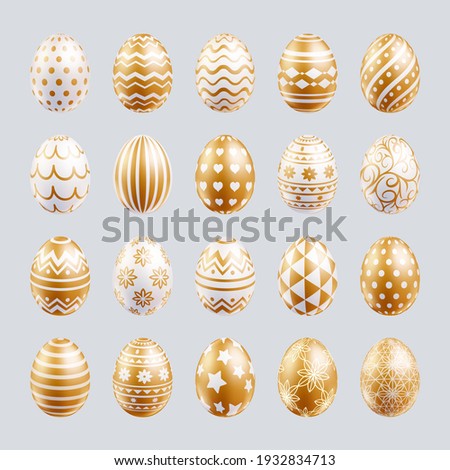 Easter eggs set gold color with different and patterns texture. Vector illustrations.