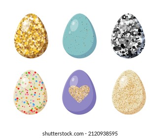 Easter eggs set, gold, glitter, dots, hearts flat design isolated on white background.