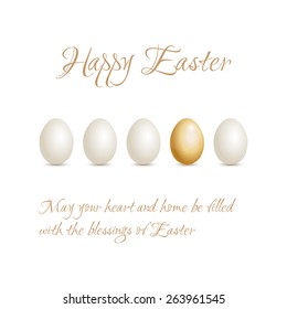 Easter eggs set with easter greetings on white background. Golden egg.  Use as greeting card, poster or website decoration. Vector illustration EPS 10.