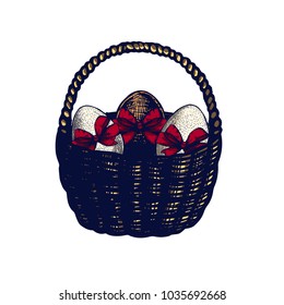 Easter eggs set hand drawn Isolated vector illustration. Basket with Gift egg. Universal templates for invitation or packaging. Engraving