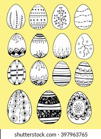 Easter eggs set. Hand-painted eggs. Decorative eggs. Coloring. Line art. Black and white drawing by hand. Stylized eggs.