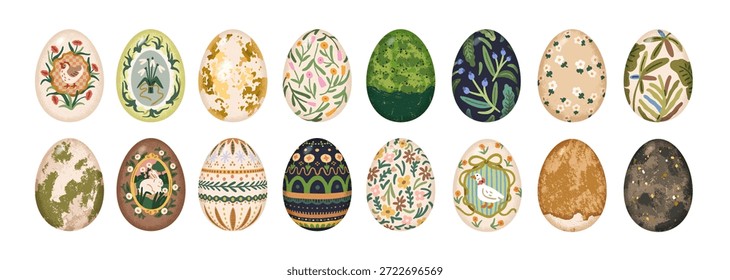Ostereier. Handgemalt gefärbt dekoriert religiöse Symbole mit floralen, geometrischen, goldenen Mustern, Häschen und Hühnerzeichnungen, Dekorationen. Flache Vektorgrafiken einzeln auf weißem Hintergrund