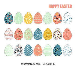 Easter eggs set with hand-painted ink brush ornament, collection isolated on white background.