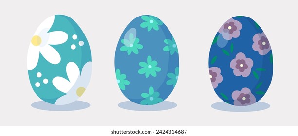 Ostereier gelegt. Frohe Ostern. Handgezeichnet. Blaue Eier mit Blumen. Vektorgrafik.