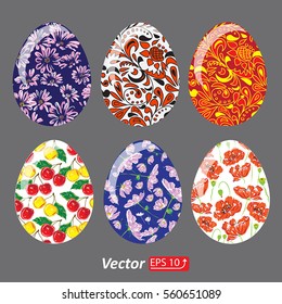 Easter eggs set icons for Easter holidays design, colorful egg with floral pattern,  isolated on a grey background vector illustration 