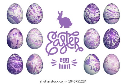 Easter eggs set isolated on white background, lettering "Happy Easter" and silhouette of Easter bunny. Flower, geometric and marble patterns. Purple color and gold foil. Vector illustration art.