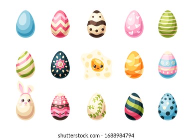 Easter eggs set isolated on white background. Bunny, rabbit ears. Happy Holidays. Colorful objects. Cute simple design. Flat style vector illustration.