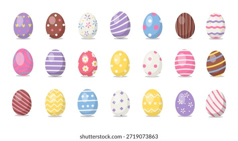 Conjunto de huevos de Pascua aislados sobre un fondo blanco. Vacaciones de primavera. Feliz Ilustración vectorial de Pascua. Diferentes cáscaras de huevo