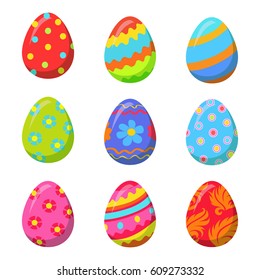 Easter eggs set isolated on white background. Holiday mascot oval shape, colorful eggs with bright ornamental design. Vector illustration of chocolate sweet candy present in cartoon style