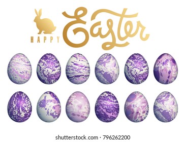 Easter eggs set isolated on white background, lettering "Happy Easter" and silhouette of Easter bunny. Flower, geometric and marble patterns. Purple color and gold foil. Vector illustration art.