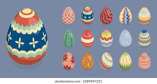 Easter eggs set. Isometric flat vector illustration elements.