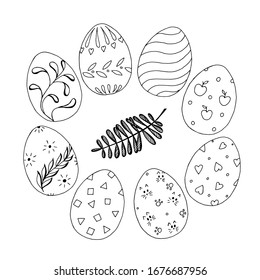 Easter, eggs set. Linear black- and- white drawing by hand. Doodle style. Vector illustration. Design elements for postcards and posters.