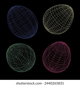 Ostereier Set Lineare Rahmenzeichnung.Ostereier im Drahtgitterstil isoliert auf schwarzem Hintergrund.Vektor 