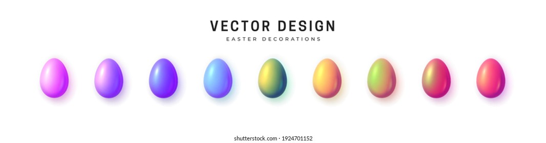 Easter eggs. Set of multicolored Easter eggs with glossy glitter. Isolated on white background. Interesting shiny fluorescent color reflections. Vector illustration