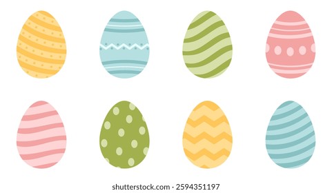 easter eggs set of objects, happy easter egg collection, colorful, multicolored paint, easter decoration with ornament, spring holiday, traditional hunting celebration, vector illustration