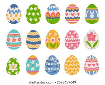 Easter eggs set with ornaments of flowers, hearts and other patterns. Vintage collection. 